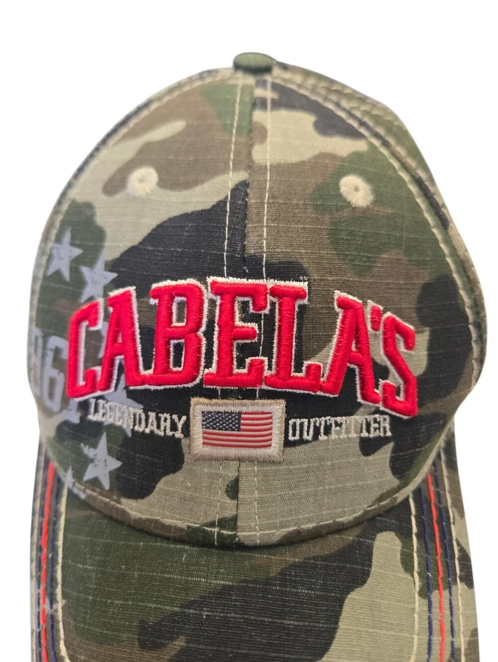 🧢 Cabela's Youth Camo Snapback Hat Legendary Outfitter American Flag Cap